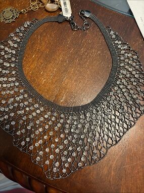 Black Lace-Style Statement Necklace with Clear Crystal Accents